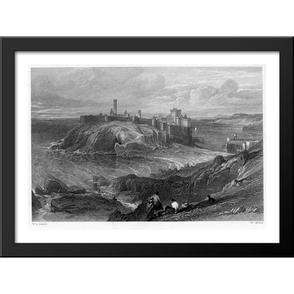 Peel Castle, Isle of Man, engraving by William Miller after Leitch 38x28 Large Black Wood Framed Print Art by William Leighton Leitch