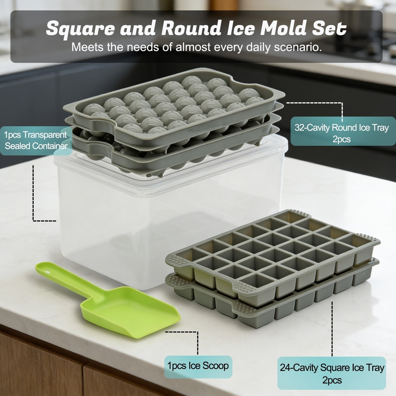 Ice Cube Tray Set with Container & Scoop  4 Pack Silicone Ice Maker for Cocktails, Whiskey, and Coffee, Easy-Release & Stackable