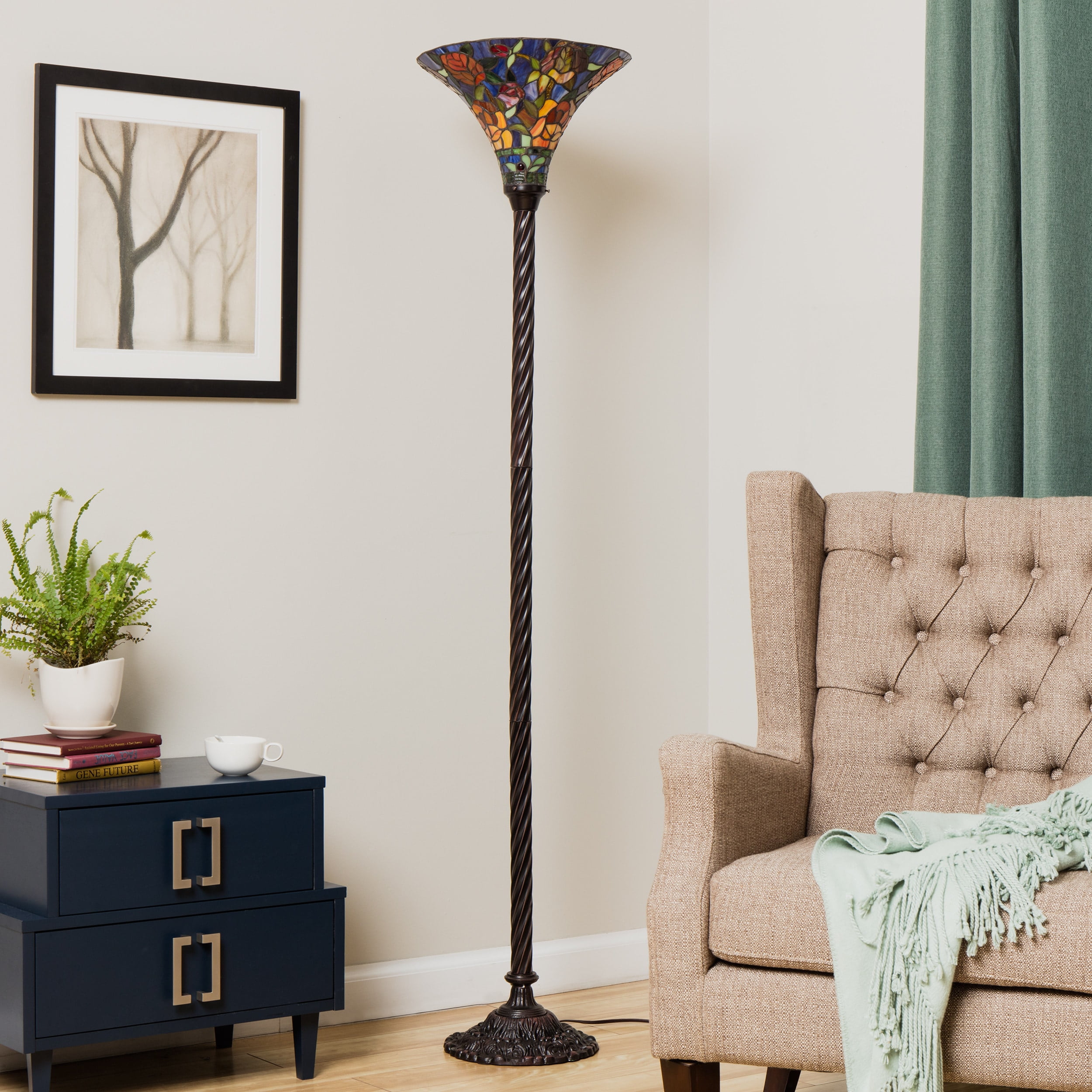 Tiffany-style Rose Torchiere Floor Lamp in Red, Yellow, Blue and Green