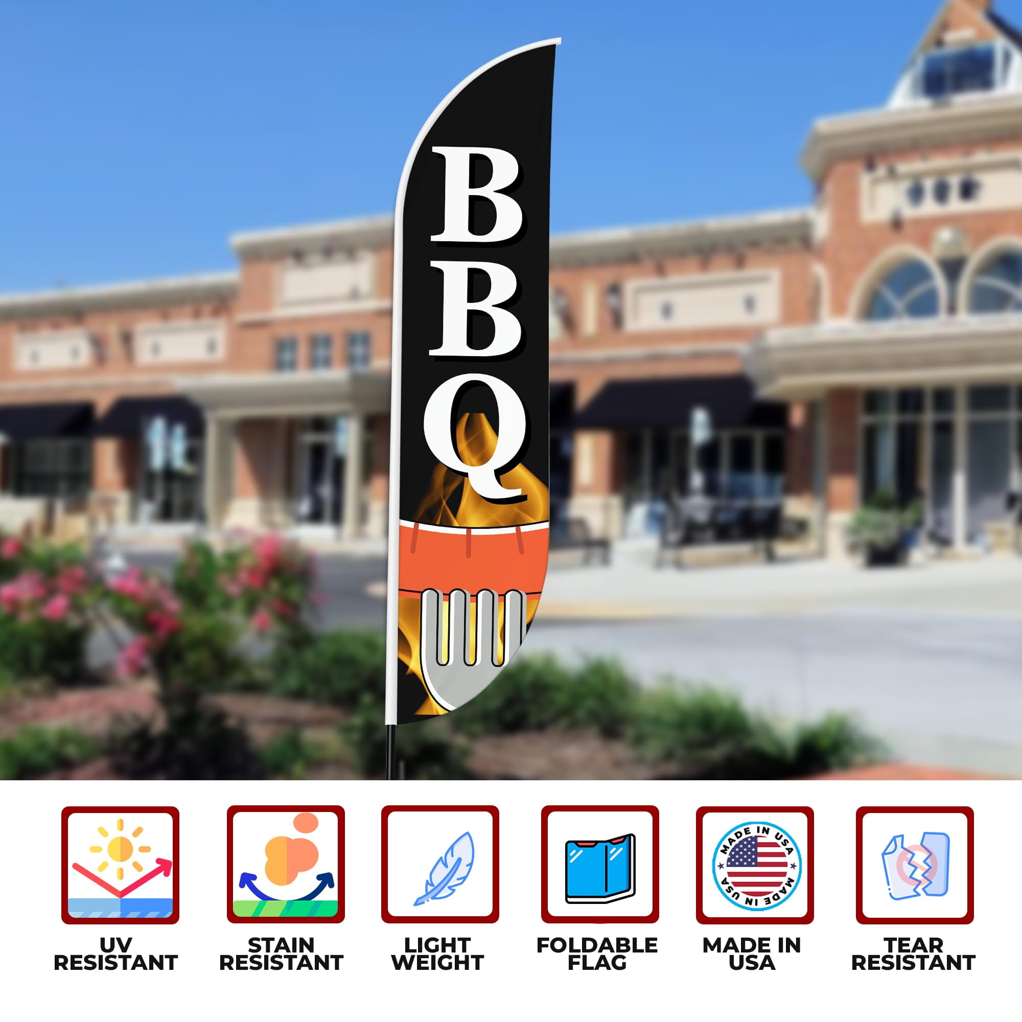 BBQ Sign feather flag Pole Mount for Outdoor by Mavis Print | 15 FEET Long Polyester Outdoor Banner Flag with Pole Kit for Easy Hang | HD Print Swooper Flag Pole Mount for Food Advertising