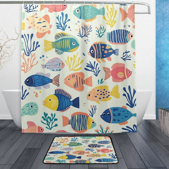 Bath Curtain & Non-Slip Bath Mat Set 12-Grommet Shower Curtain Memory Foam Bath Rug Vibrant Colorful Fish Pattern