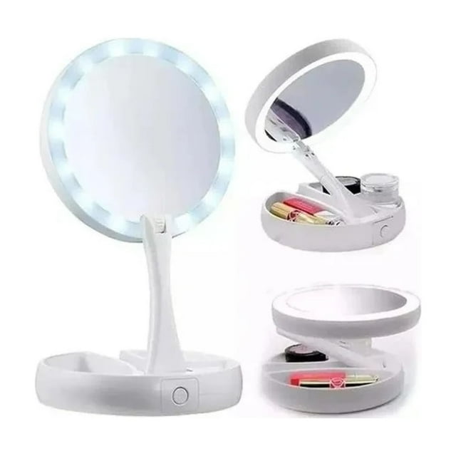 Espejo de maquillaje plegable con luz LED de aumento x10