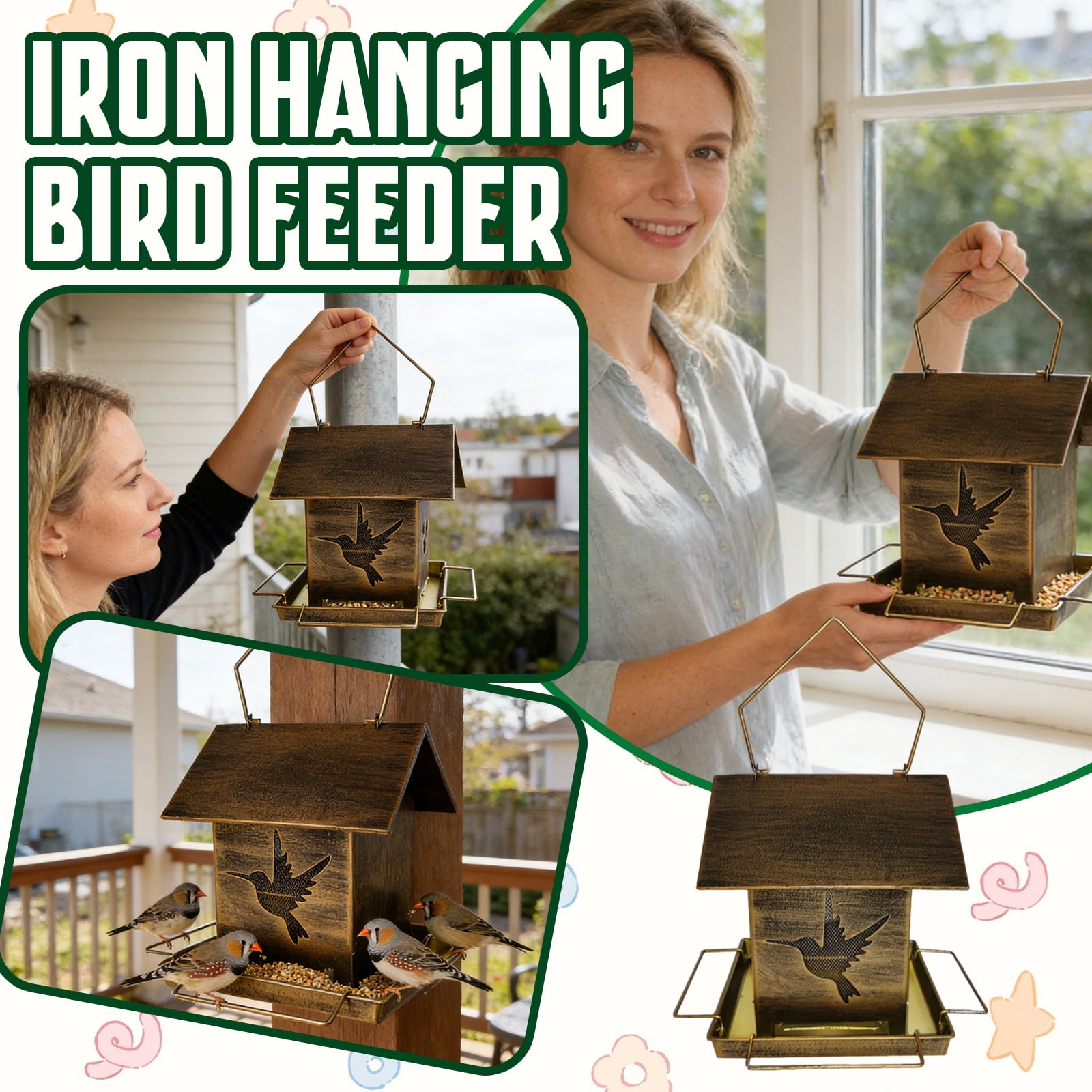 Outdoor Balcony Iron Art Hanging Bird Feeder, Rustic House - Shaped Design with Bird Motif, Easy - to - Hang Feeding Station for Wild Birds, Cardinals, Sparrows, Blue Jays, Finch, Backyard, Patio, Ga