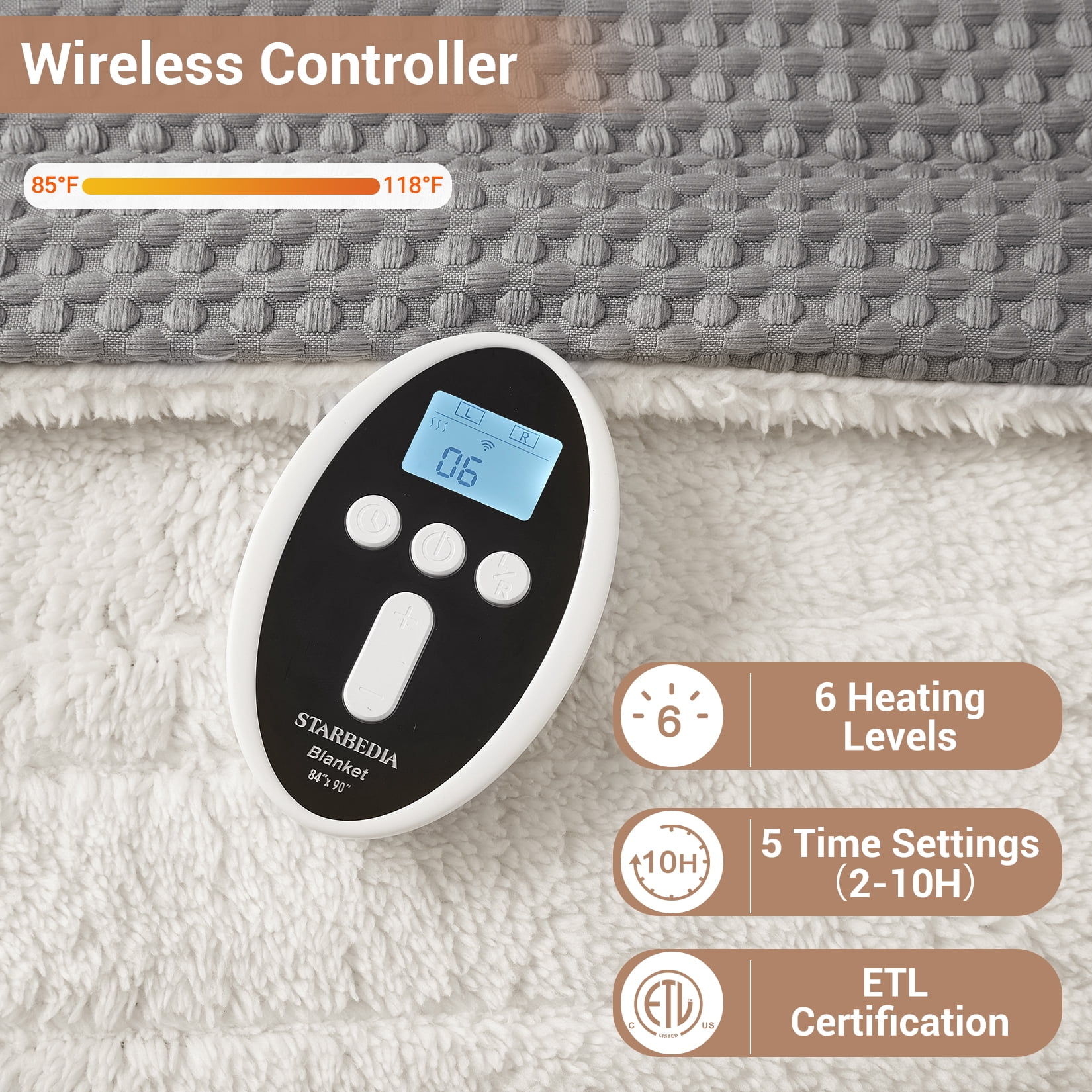 Heated Blanket with Wireless LCD Controller, 84" x 90" Queen Size Waffle Electric Blankets, Machine Washable Heated Blanket , ETL Certified, Gray