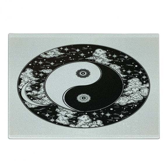 Ying Yang Cutting Board, Stars and Moon Design Starry Night Sky Peace Magic Boho, Decorative Tempered Glass Cutting and Serving Board, Small Size, Black and White, by Ambesonne