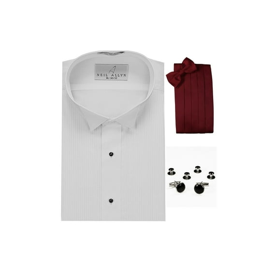 Wing Collar Formal Tuxedo Shirt, Burgundy Cummerbund, Bow-Tie, Cuff Links & Studs Set