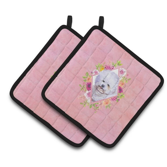 Carolines Treasures CK4120PTHD Bichon Fris? 2 Pink Flowers Pair of Pot Holders 7.5HX7.5W multicolor