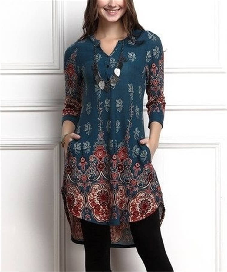 Women Tunic Dress Tunic Tops Vintage Floral Printed Casual Blouse ...