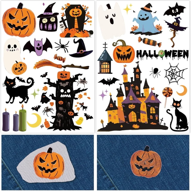 2 Sheets Water Soluble Embroidery Patterns Pumking Bat Cat Spider Sewing Stick and Stitch A4 Transfers Fabric Stabilizers Wash Away Self Adhesive for Cloth DIY Lover
