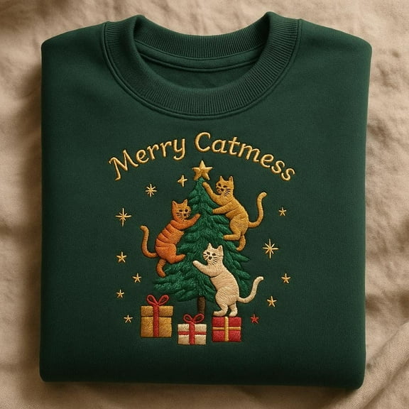 Embroidered Merry Catmess Sweatshirt, Cute Cats Climbing Tree Tee, Cat Mom Holiday Sweater Alternative, Christmas Gift