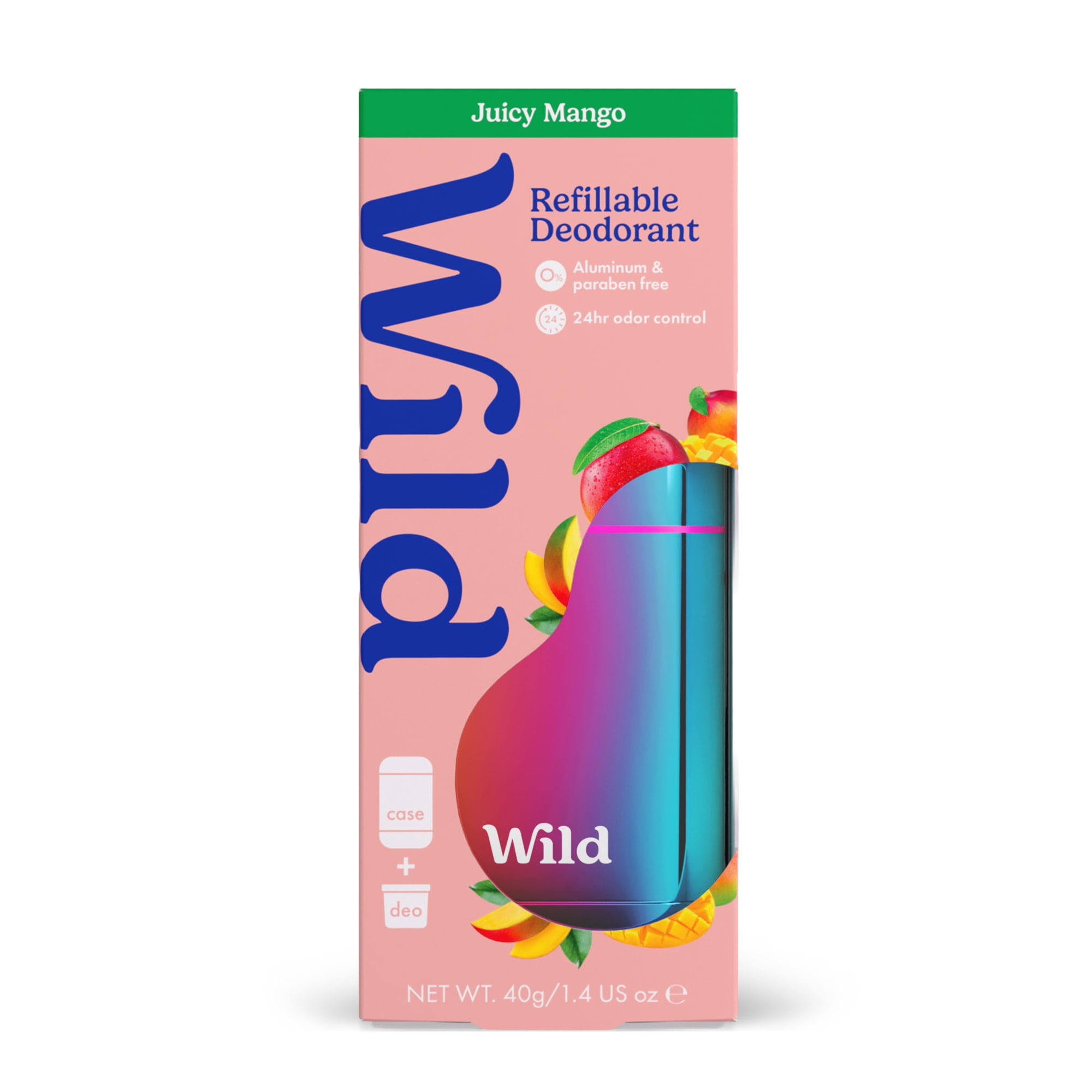 Wild Refillable Deodorant Starter Pack – Aluminum Free. Chrome Case + Juicy Mango Refill, for Women and Men, 1.4oz