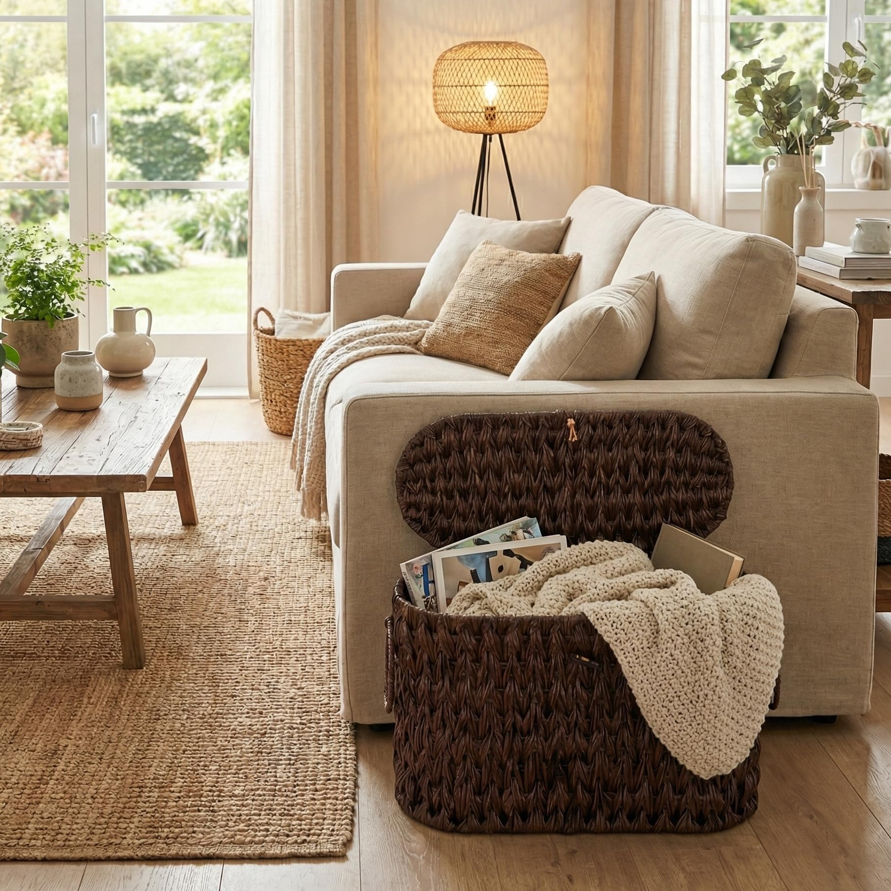 Toilet Paper Basket With Lid  Water Hyacinth Wicker For Bathroom Organizers And Storage Holds Up To 6 Mega Rolls Decorative Hand-woven Rattan Decor Accessories Brown