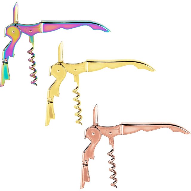 Sacacorchos Mirage con llave para vino, abridor de vino con doble bisagra, sacacorchos para camareros, arcoíris, dorado y oro rosa, 3 unidades