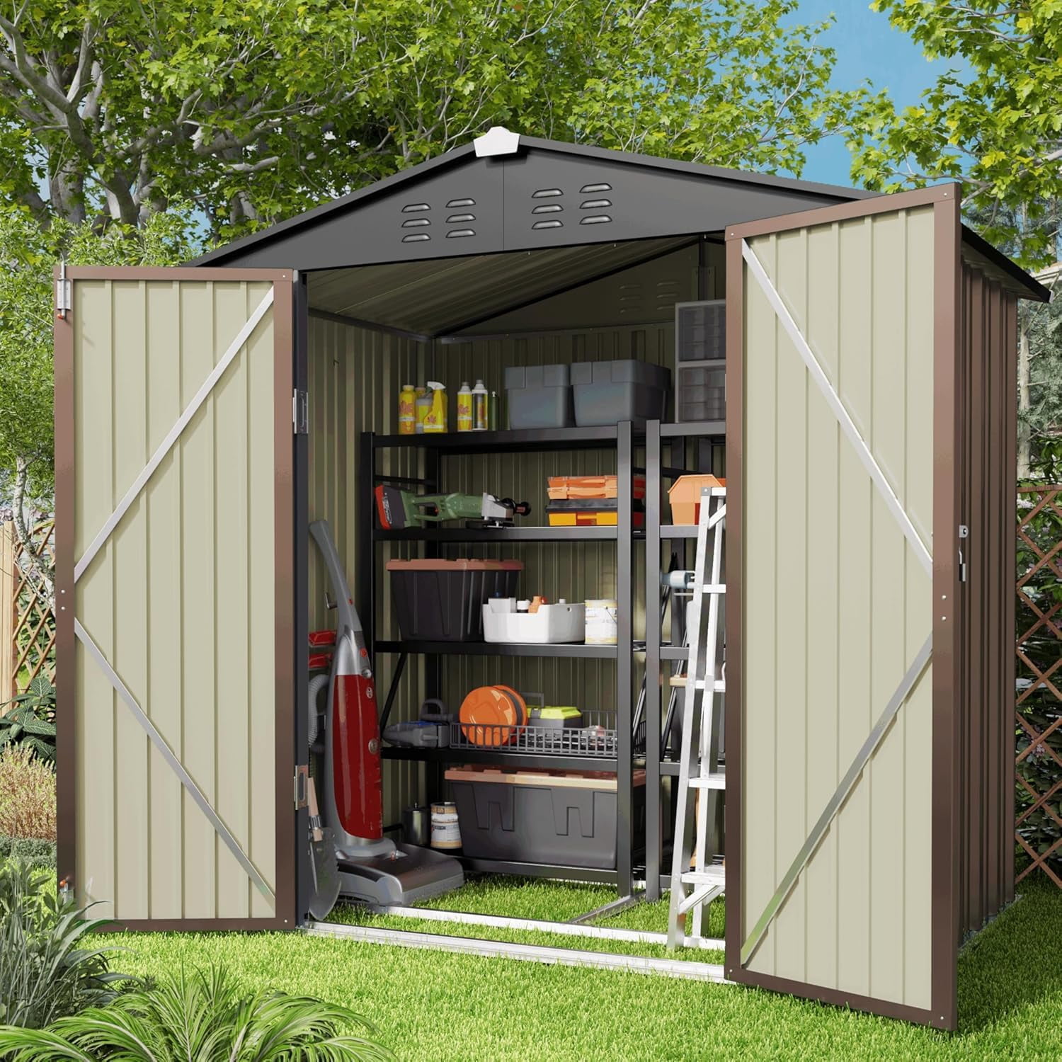 Lofka 6' x 4' FT Outdoor Storage Shed, Outside Metal Tool Shed with Lockable Doors ,Light Brown