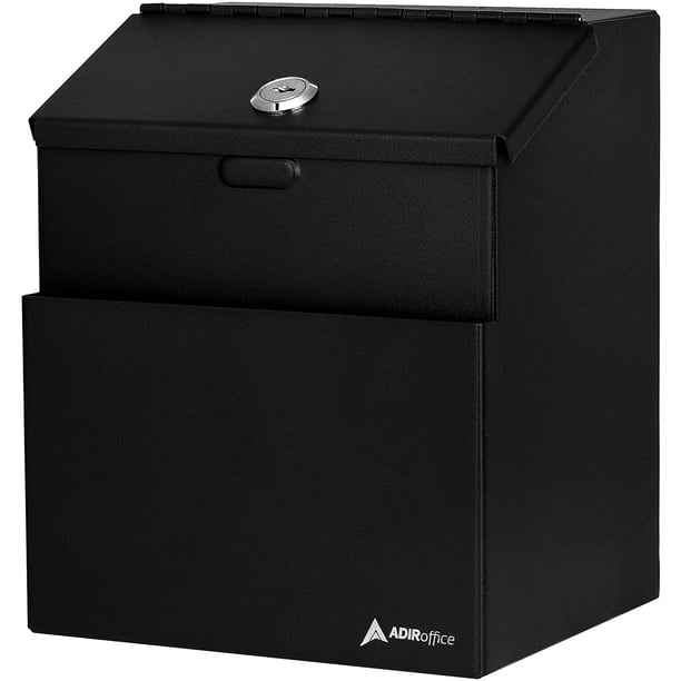 AdirOffice Steel Wall Mountable Donation/Drop/Suggestion Box w/25 Free Suggestion Cards, Black