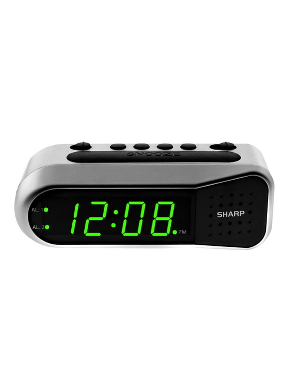 SHARP Digital Dual Alarm Clock, Silver with Green LED Display, Ascending Alarm