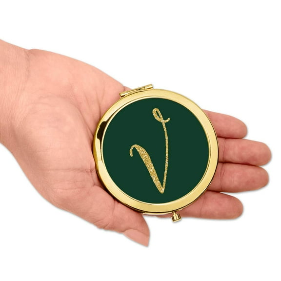 Koyal Wholesale Gold Compact Mirror Bridesmaid's Wedding Gift, Emerald Green, Monogram Letter V, 1-Pack