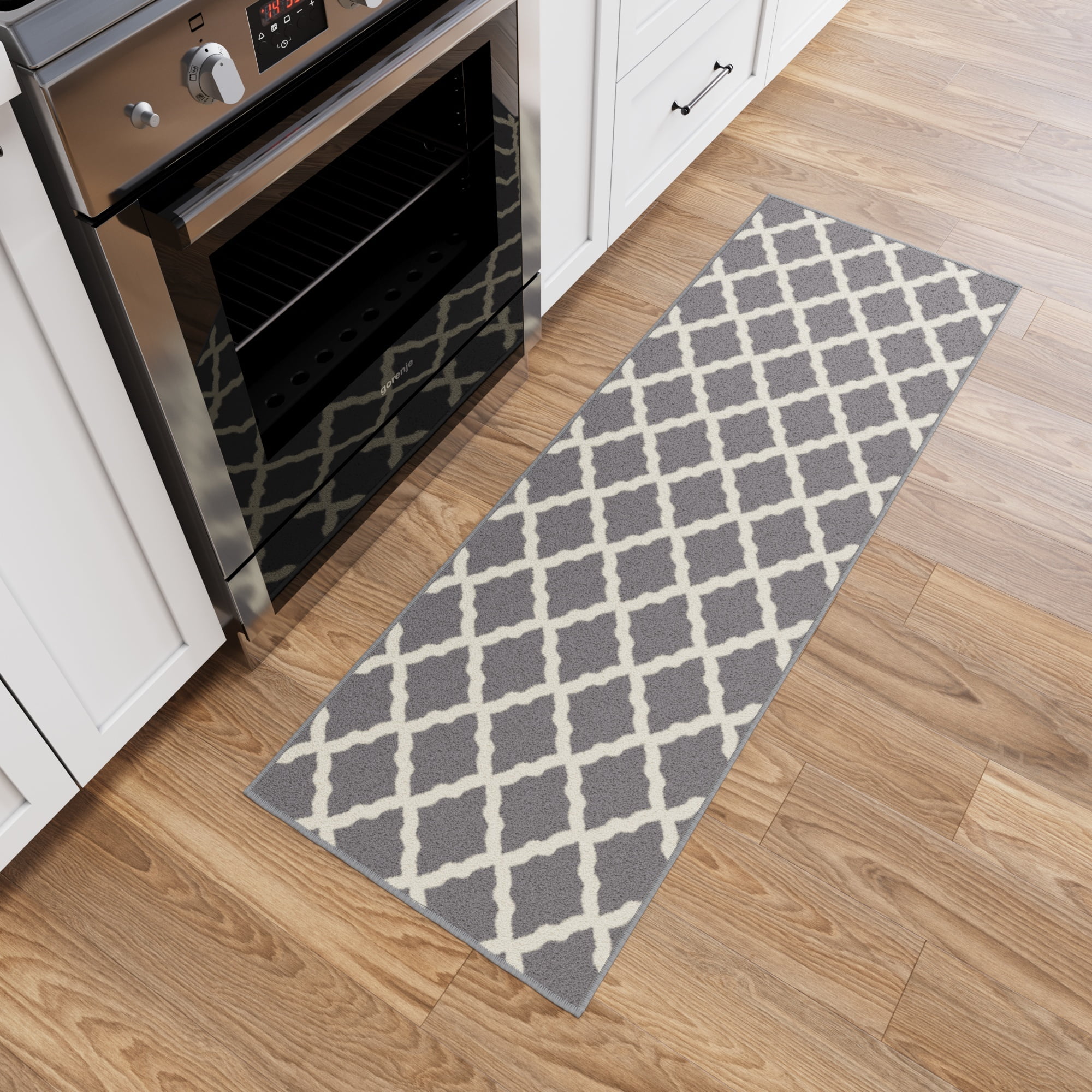 Ottomanson Trellis Bathroom Runner Rug 20" x 59" - Non Slip Low Pile Carpet, Gray