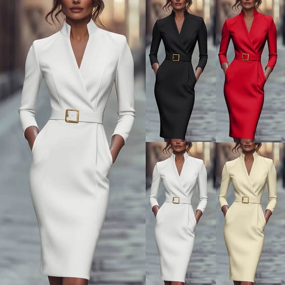 THDHVS Work Dress,Dresses for Women,Color Block Bodycon Dress Long Sleeve with Bow Detail Crewneck Beige