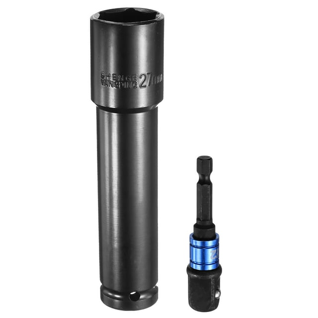 Uxcell Deep 6-Point Impact Socket 1/2" Drive 27mm Metric Socket 6" Length with 1/4" Hex Shank Adapter, CR-V Steel Socket Adapter Accessory Tool Set Kit for Hex Bolts Nuts