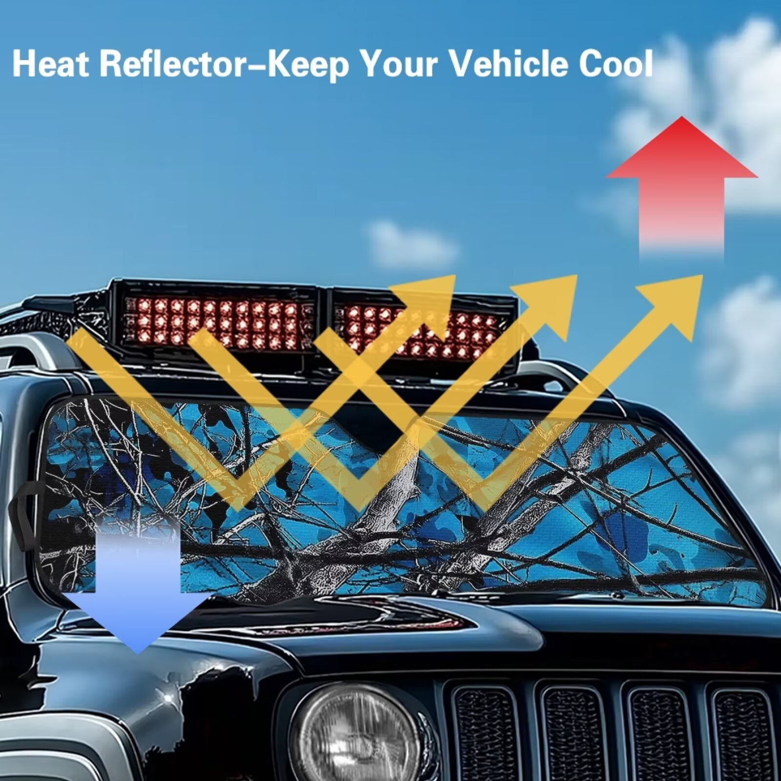 Uorisanigo Windshield Sun Shade, Blue Hunting Camo Forest Windshield Sunshade Heat Shield for Jeep Wrangler, 52.95 in *16.14 in, Compatible with JK JKU TJ 2 Door / 4 Door, Esay to Install