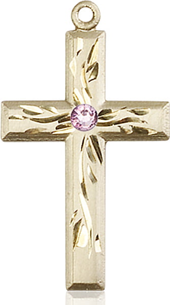 14kt Yellow Gold Cross Medal with 3mm Light February Purple Swarovski  Crystal 1 1/8 x 5/8 inches