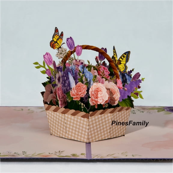 T16-3D Pop Up Flower Basket with Butterfly Greeting Card for flower lovers! | Birthday, Mother's day, Valentine's day, All Occasions
