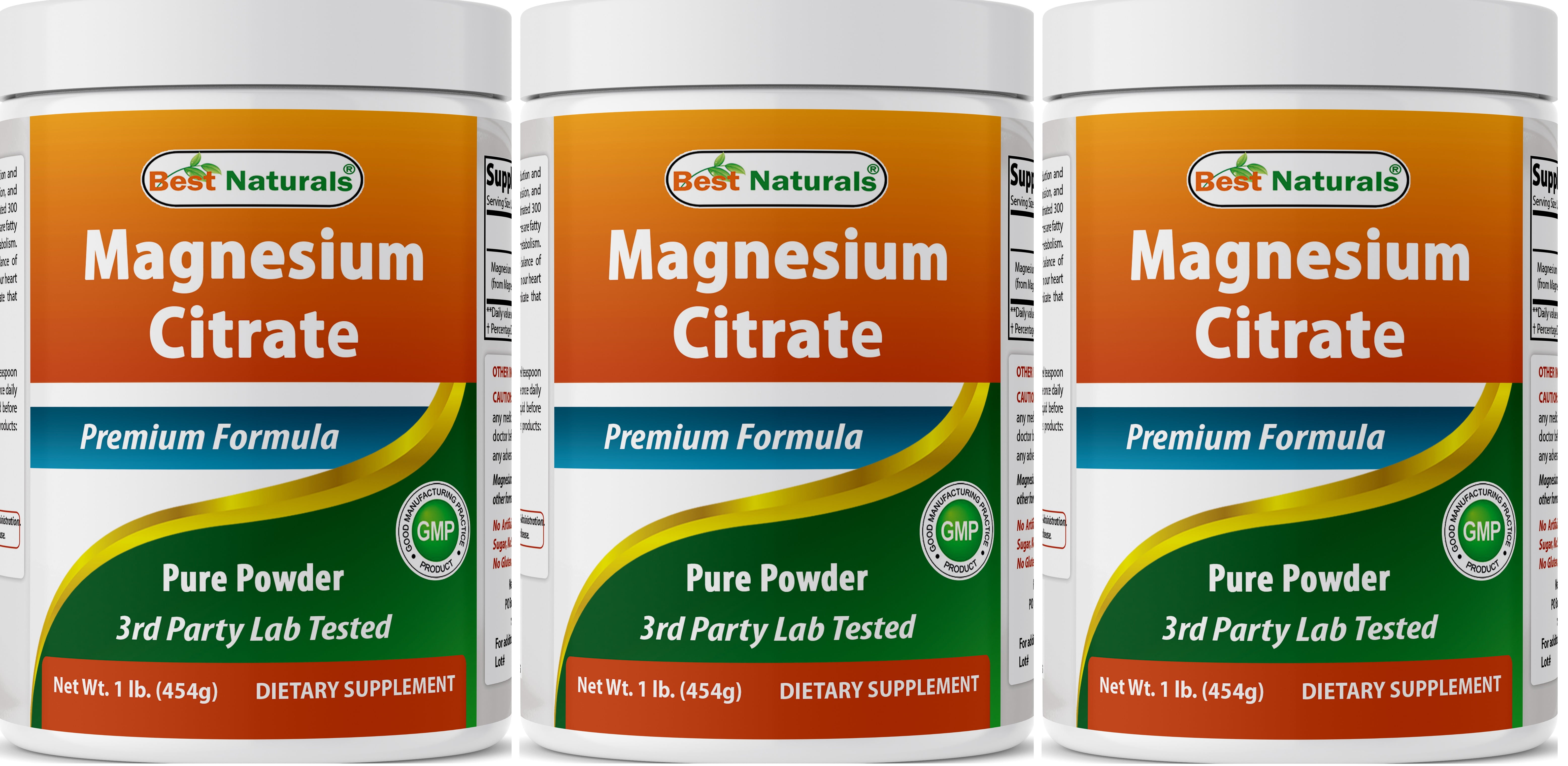 3 Pack Best Naturals Magnesium Citrate 1 Lb (454g) Pure Powder