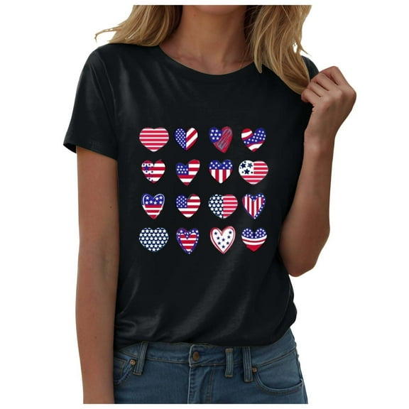 ORT Patriotic Shirts for Women 4th of July Gift Shirt USA Flag Stars Stripes Graphic Short Sleeve Casual Tops(Black,S)