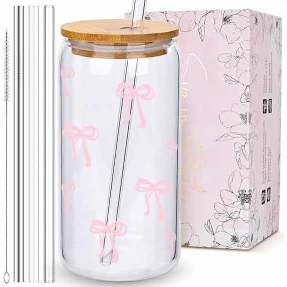 Coquette Cute Pink Bow Glass Cups with Lids and Straws, Aesthetic Iced Coffee Cup, Girly Preppy Design Tumbler Mug, Valentines Christmas Birthday Gifts for Women, Teen Girl Gifts Trendy Stuff