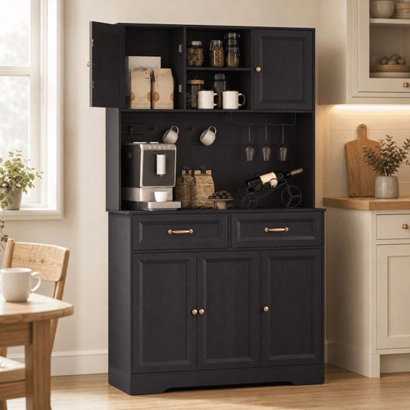 Aiho 71" Farmhouse Kitchen Pantry Storage Cabinet, Modern Coffee Hutch with Doors, Shelves & Microwave Stand, Cupboard for Dining Room - Black