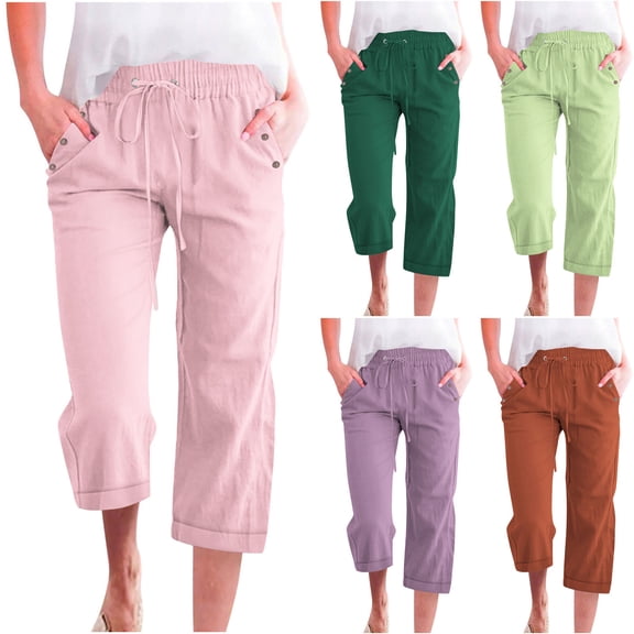 BVOFAR Linen Capri Pants for Women Plus Size Comfy Summer Beach Capris Loose Fit Elastic Waistband Dressy Casual Crop Trousers Loose Fit Pull On Pedal Pushers Pink XXL