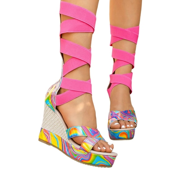 CYMMPU Women's Printed Tall Wrap Strap Platform Wedge Sandals Open Toe Slip On Shoes for Casual Outdoor Occasions Multicolor 40