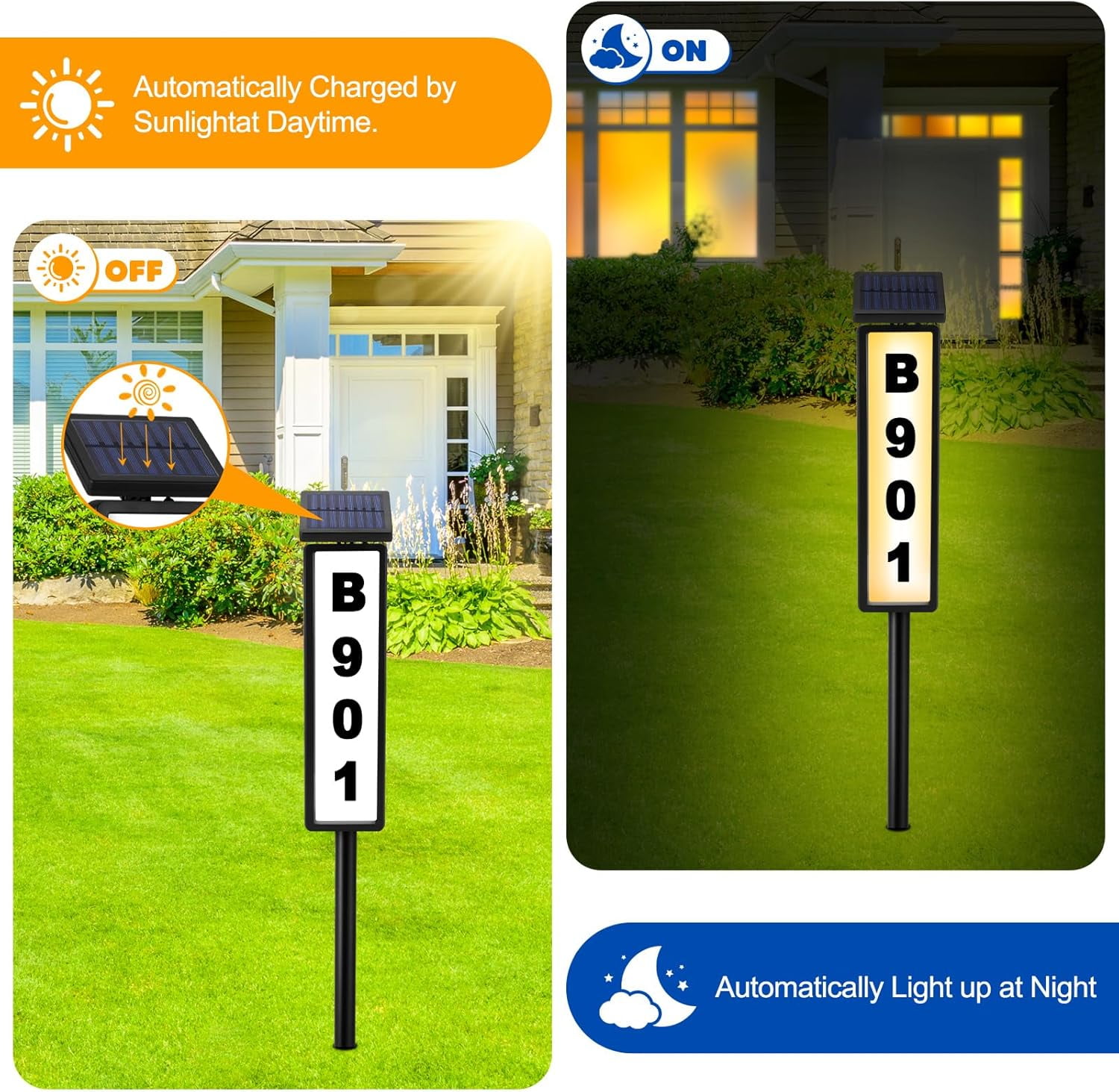 OhhGo Solar Address Sign, House Numbers for Outside Rechargeable LED Illuminated Lighted Address Signs with Waterproof Cover Mailbox Numbers Plaque for Street Yard Garden Driveway