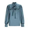 thumbnail image 5 of JSKUMAR Women's Silk Blouse Casual Long Sleeve Bow Tie Neck Button Down Shirts Stylish Basic Office Work Tops Outfit (Navy,S), 5 of 7
