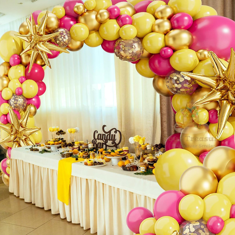 BalloonBuzz 140pcs Yellow and Pink Balloons, Balloons Arch Kit | Confetti Latex Balloons Golden Star Foil Balloon for Birthday Anniversary Party Decorations (Yellow Pink)