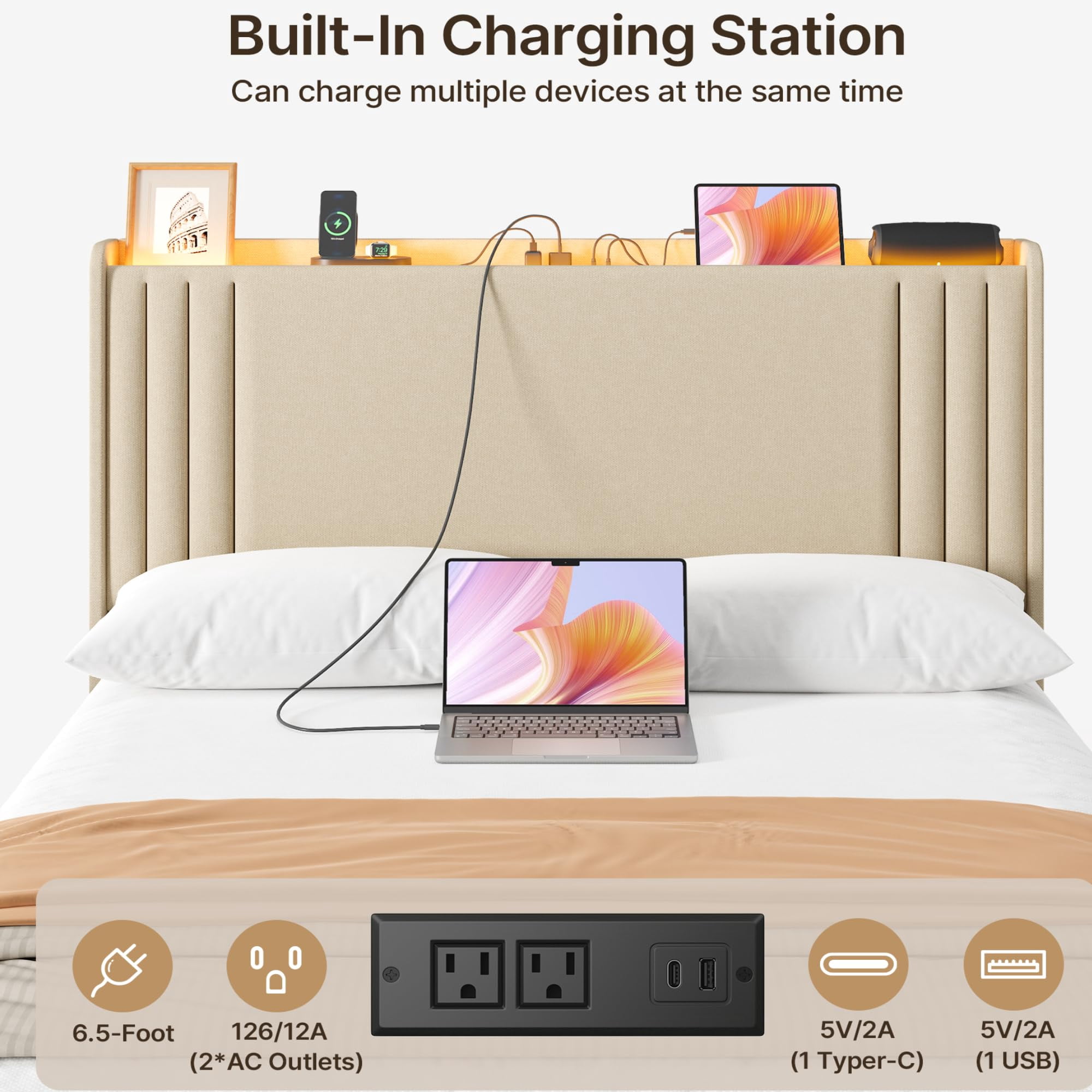 Full Upholstered Platform Bed Frame with Charging Station & LED Lights, Wingback Headboard, Wood Slat Support, Noise-Free, No Box Spring Needed, Beige