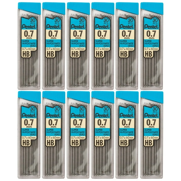 Pentel HB Super Hi-Polymer Leads, 0.7mm, Black, 30 Leads Per Pack, 12 Packs