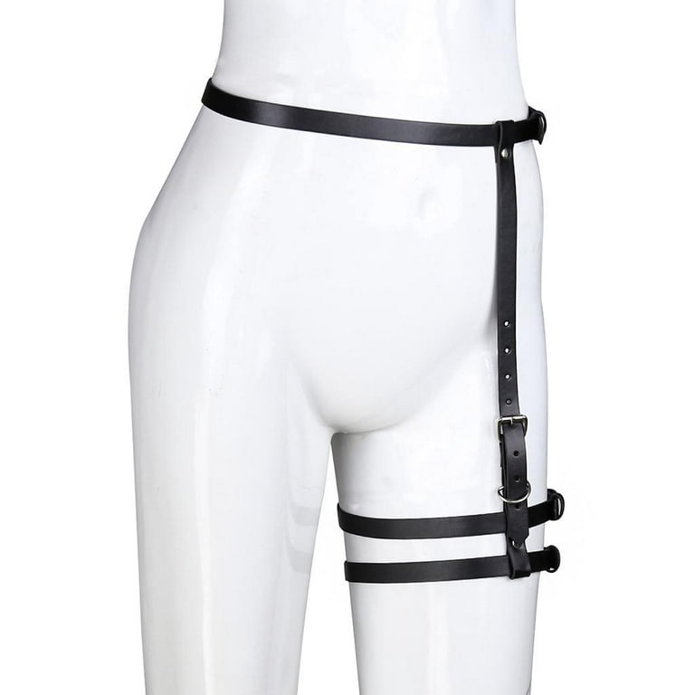 Leather Body Harness Waist Belt Single Leg Garter Punk Suspender single leg  straps Black 