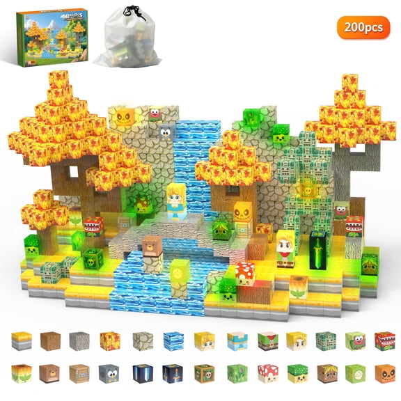 Kuzcoce 200 PCS Magnetic Building Blocks Forest Waterfall Scene Set with 10 Light-Up Magnetic Cubes, Construction Toy, Creative STEM Building Kit, Educational Gift for Kids Ages 3
