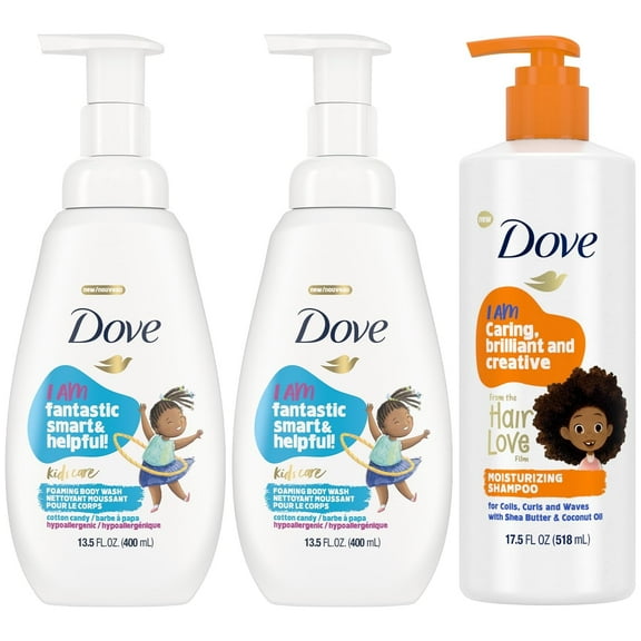 Dove Kids Care Body Wash 2-Pack   Moisturizing Shampoo Bundle - Cotton Candy Foaming Cleanser & Dove Shampoo with Shea Butter for Kids' Curly Hair (3 Piece Set)