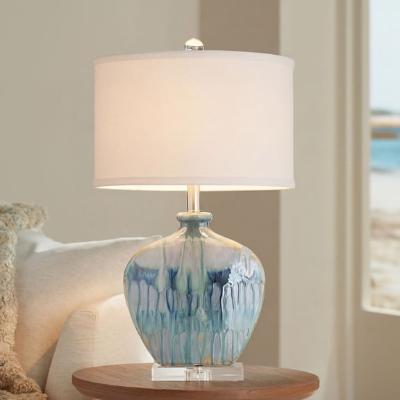 Possini Euro Design Mia Modern Coastal Table Lamp 25" High Blue Glazed Drip Ceramic with Table Top Dimmer Off White Fabric Oval Drum Shade for Bedroom