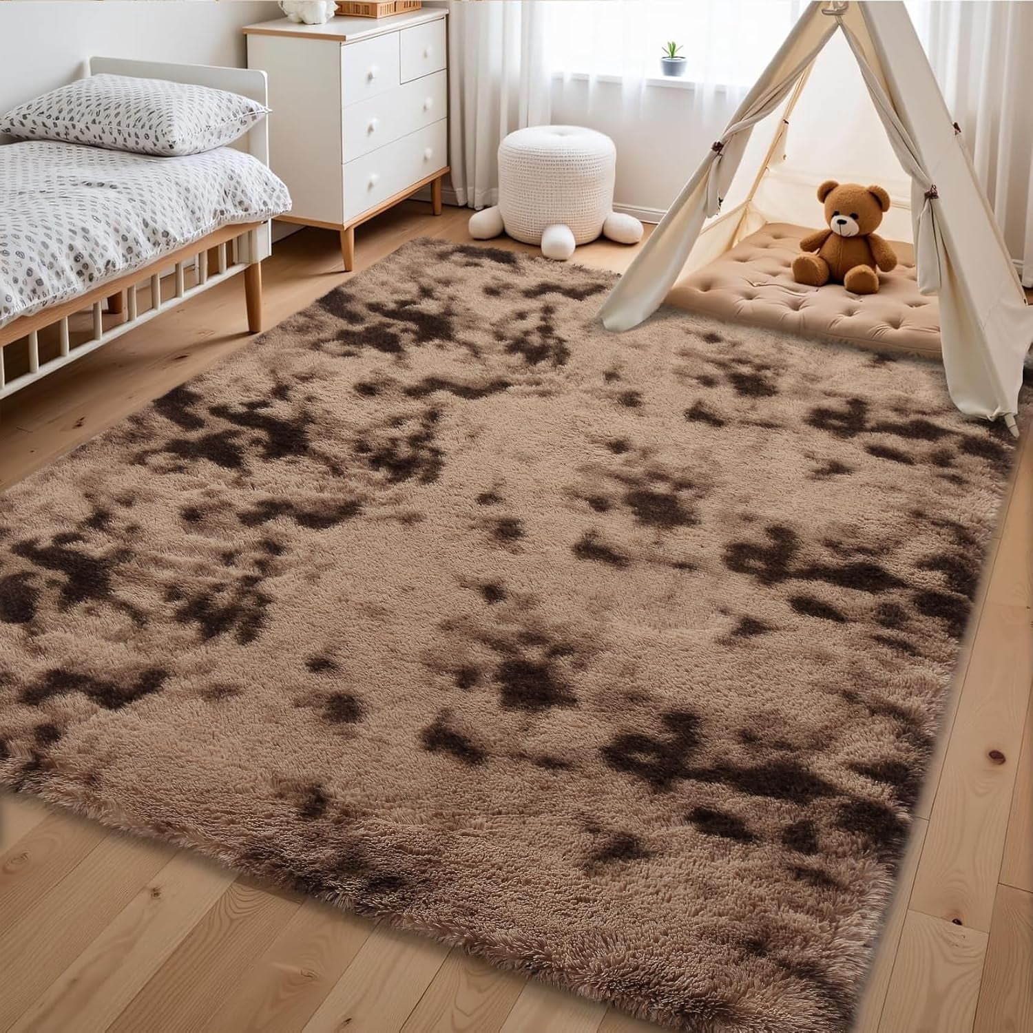 Memoryfield 6' x 9' Area Rug, Tie-Dye Plush Non-Skid Rug, for Bedroom Living Room Nursery, Brown