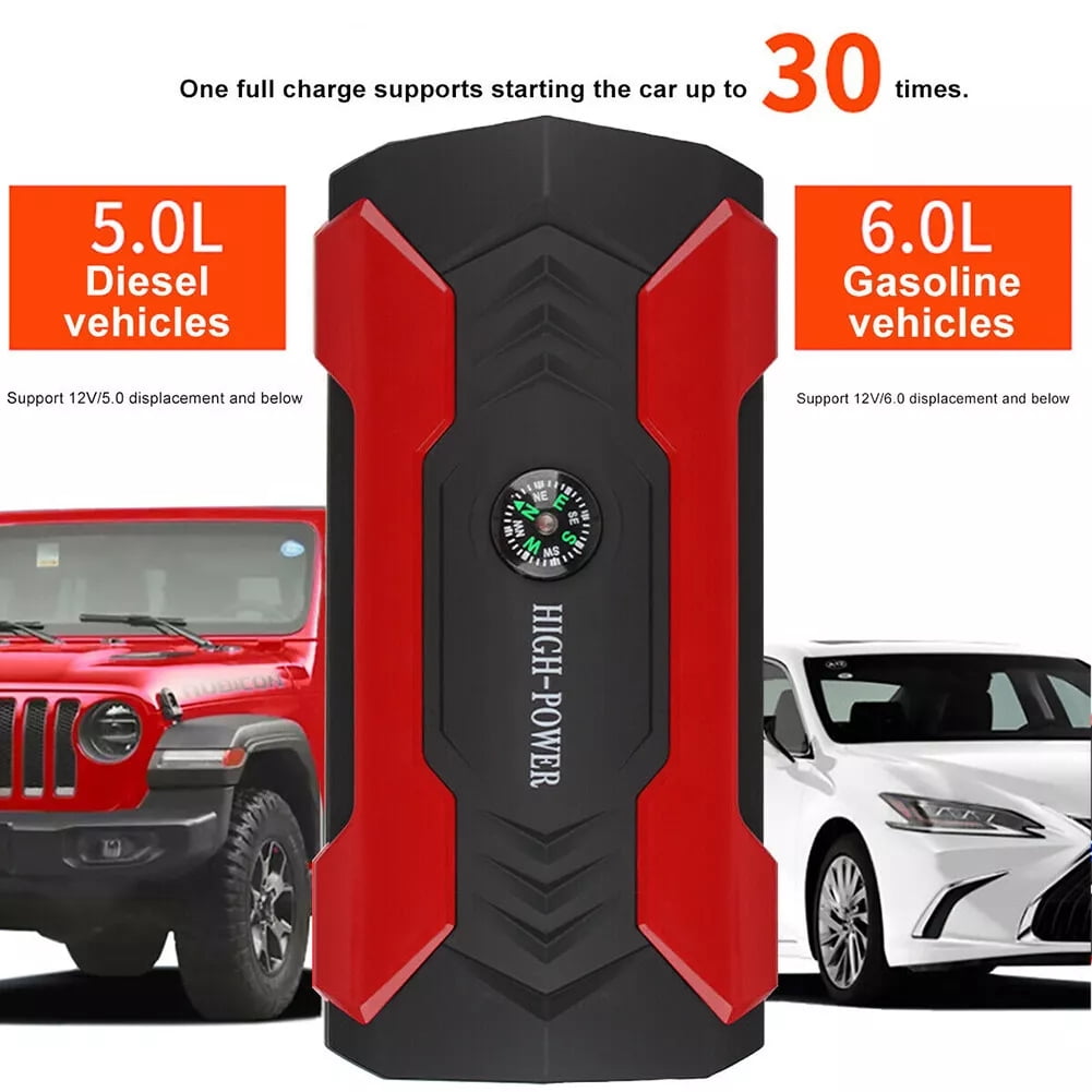 99800mAh Portable Car Jump Starter with 4 USB Outputs, 12V 6.0L Gas & 3.0L Diesel Engine Support, Power Bank, Battery Charger, LED Light, Fast Charging - Red