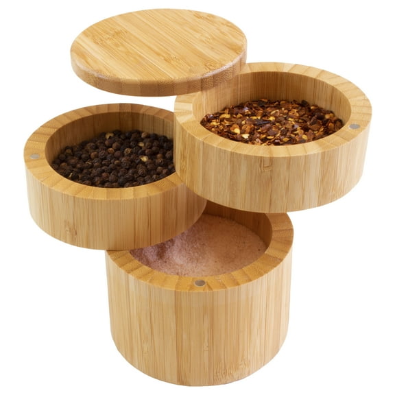 Totally Bamboo Triple Salt Cellar, Three Tier Bamboo Storage Box with Magnetic Swivel Lids