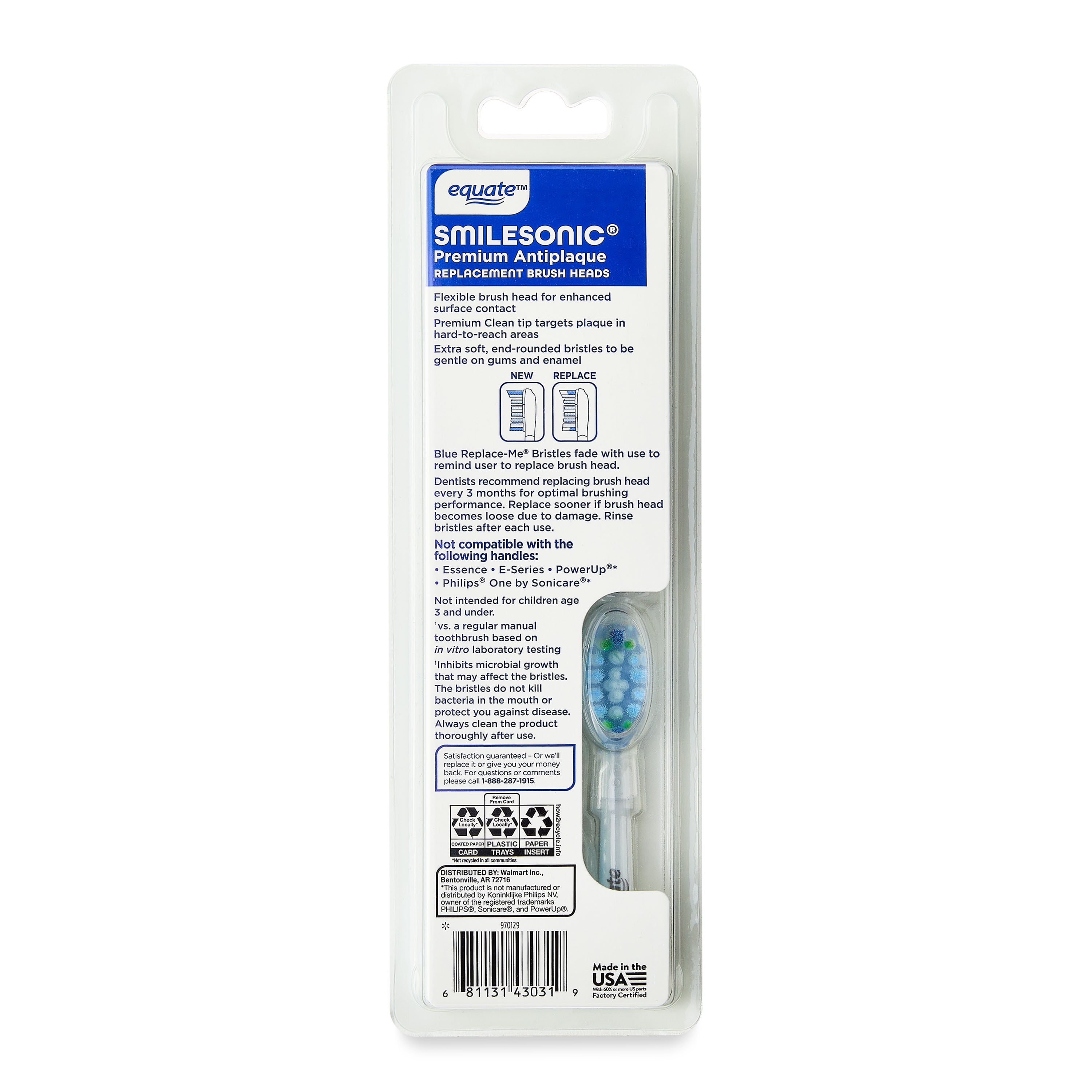 Equate SmileSonic Premium Antiplaque Electric Toothbrush Replacement Heads, 6 Count