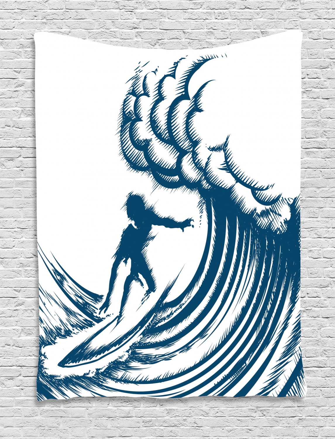 Surfing Tapestry, Abstract Silhouette of a Surfer Riding a Big Wave