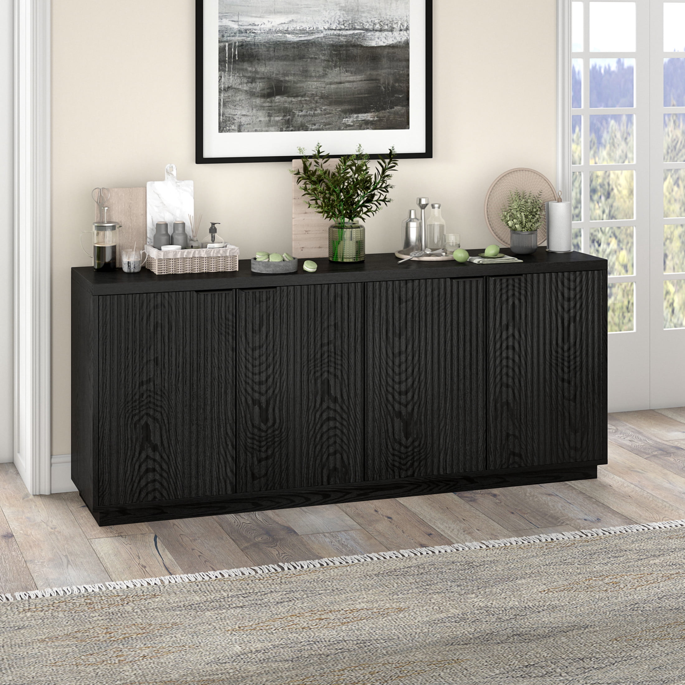 Evelyn&Zoe Modern/Contemporary 68" Wide Black Grain Buffet Table