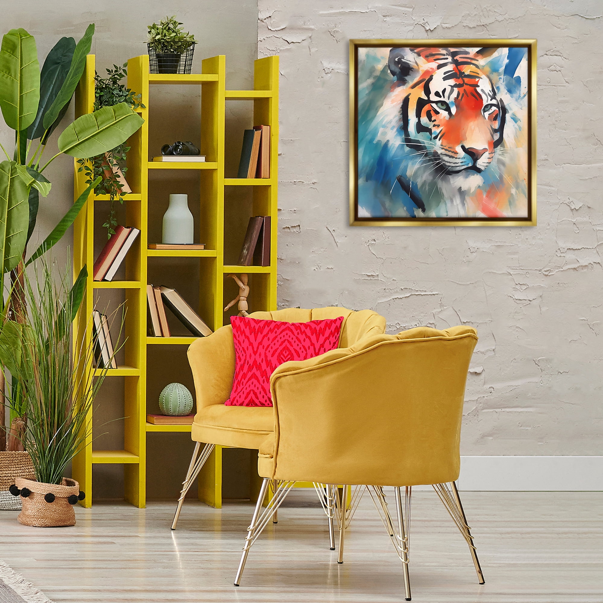 Stupell Industries Bold Modern tiger Animals & Insects Painting Gold Floater Framed Canvas Art Print Wall Art, 25 x 25