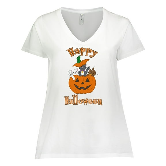 Inktastic Happy Halloween Kittens in Pumpkin Women's Plus Size V-Neck T-Shirt